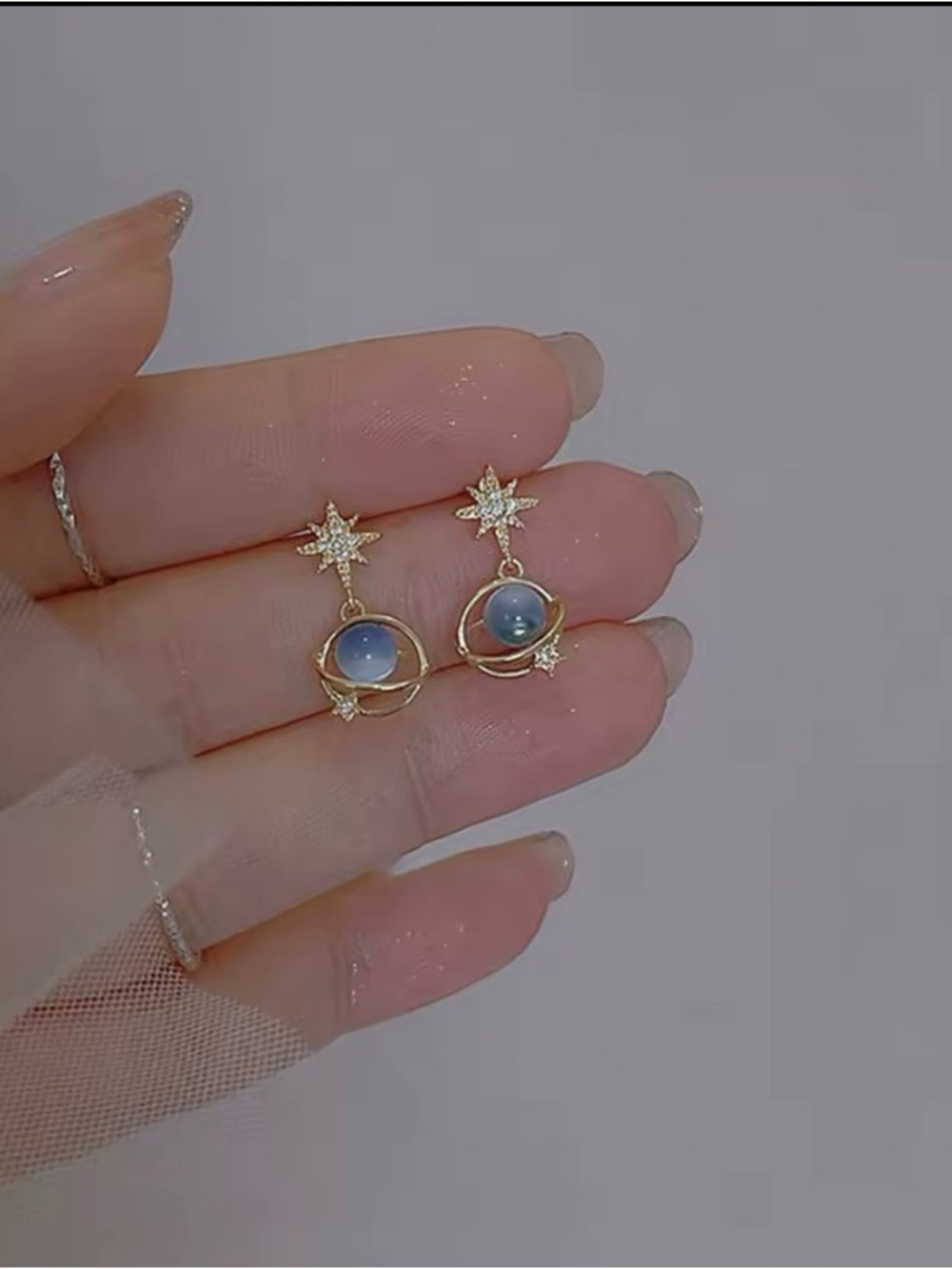 Cosmic Star River Ear Stud Earrings Blue Opal Cat Eye - Picture 8 of 8
